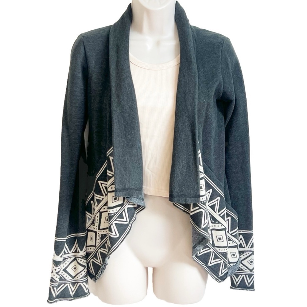 Billabong Long Sleeve Open Front Cardigan Sweater Gray White Southwestern Small